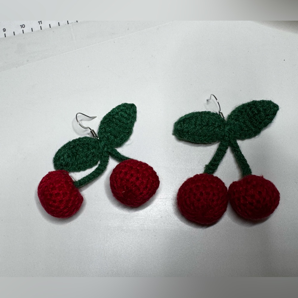 NWT Handcrafted Cherry Earrings Crocheted Red Cherries Silver Tone Hardware